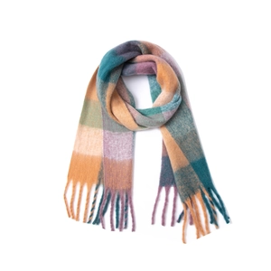 Soft rainbow checkered bouclé yarn scarf with thick tassels for autumn and winter warmth