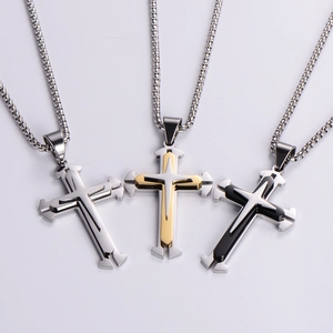 Cross Pendant Necklace 316L Stainless Steel 18K Gold Plated Layered Design High Polished Box Chain Jewelry For Men