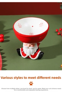 Macro shot of Santa Claus ceramic pet bowl with festive snowflake pattern details