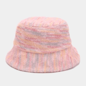 Close-up of rainbow knit bucket hat showing plush mohair texture in pink and yellow