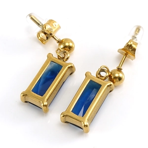 Pair of 18K gold plated stainless steel earrings featuring rectangular blue zircon stones