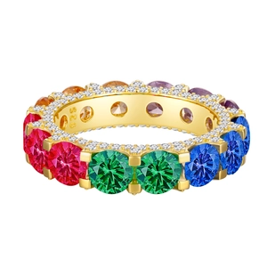Luxurious S925 sterling silver rainbow gemstone eternity ring with pavé side diamonds