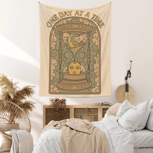 Bohemian beige tapestry featuring hourglass and sun moon graphics for room wall decor