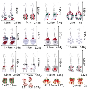 Detailed grid showing Christmas themed alloy earrings dimensions and weights for each style