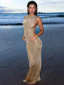 Golden knit backless maxi dress with side slit for summer beach vacation wear