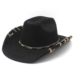 Schwarzer Cowboyhut aus Wildlederimitat mit goldener Kette und Punk-Style Krempen-Details