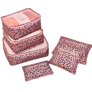 6-piece pink leopard print travel organizer set with mesh laundry packing cubes
