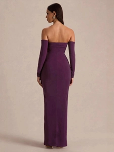 Elegant purple bodycon maxi dress with off-shoulder neckline and long sleeves for formal events