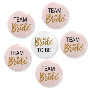 Bride to Be and Team Bride tinplate badge set with pink and gold lettering for bridal shower