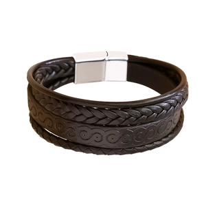 Multi-layer black braided leather bracelet with silver magnetic alloy clasp for men