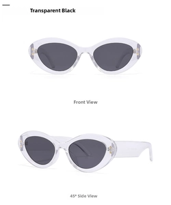 Detail of retro cat-eye sunglasses with transparent black frame and gold star accents
