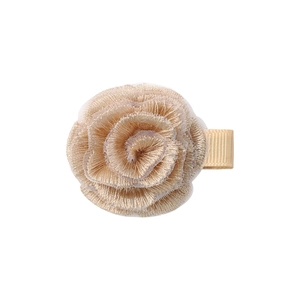 Detailed embroidery champagne rose hair clip with layered mesh and grosgrain ribbon base
