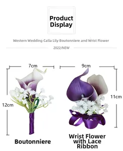 Detail view of purple Calla Lily boutonniere and wrist corsage with size dimensions