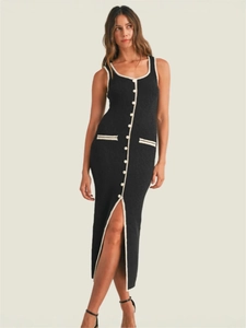 Sleeveless Knit Midi Dress With Contrast Trim And Decorative Buttons Slim Fit High Slit Ribbed Bodycon Elegant Style Women