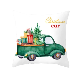 Detail of Christmas pillowcase with watercolor vintage truck, gifts and festive trees