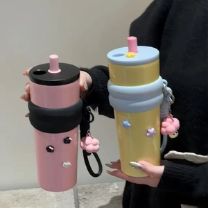 Large capacity stainless steel insulated tumbler with straw and cute cloud charm pendant