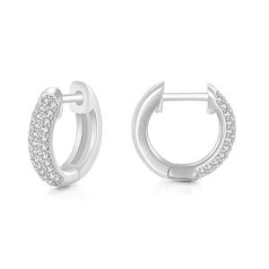 Detailed view of silver hoop earrings with pave-set cubic zirconia and snap closure