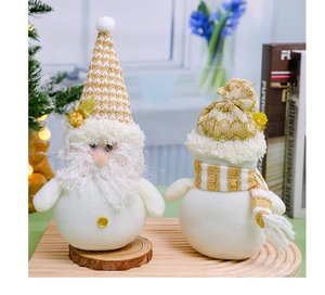 Close-up of plush Santa and Snowman gnomes on a wooden tray with festive background
