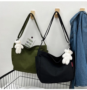 Canvas tote bag detail showing olive green and black options with cute bear charms