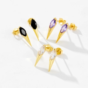 S925 sterling silver marquise gemstone stud earrings with retro gold conical design