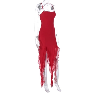 Detail of red bodycon dress featuring asymmetric ruffled mesh hem and spaghetti straps