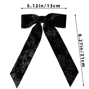 Detail view of black velvet bow hair clip with ribbons and size dimensions shown