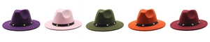 Flat lay of wide brim wool fedora hats in five colors with studded black band detail