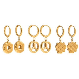 Three-piece gold stainless steel earring set with doughnut, pretzel, and waffle charms