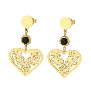 Boucles d'oreilles cœur en acier titane doré avec gemmes noires et motifs ajourés