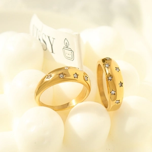 French vintage 18K gold plated titanium steel rings with star zircon settings