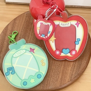 Retro acrylic fruit card holders in apple and melon shapes with metal keychains