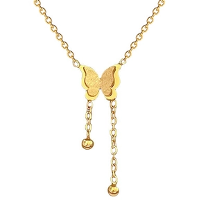 Titanium steel butterfly tassel necklace with gold plating on a clean white background