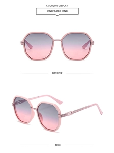 Dettaglio occhiali da sole poligonali rosa con stanghette in metallo intrecciato e lenti sfumate