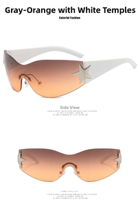 Close-up of Y2K star sunglasses featuring grey-orange gradient lenses and white temples