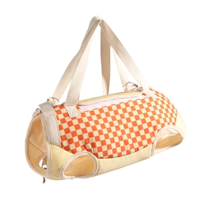 Portable pet carrier bag with orange checkerboard pattern and four leg openings