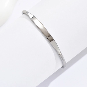 Minimalist silver stainless steel C-shaped open bangle with high polished metallic finish