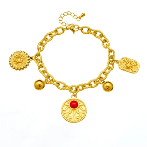 Gold plated stainless steel chain bracelet featuring sun and starburst relief charms