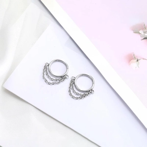 Pair of silver 316L stainless steel chain hoop earrings on a clean white background