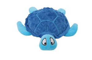 Close-up of blue plush sea turtle dog toy with textured minky dot fabric and embroidery