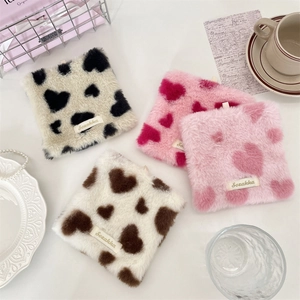 Plush heart pattern square coasters set in four colors for stylish home table decor