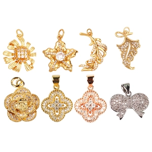 Exquisite micro-pave zircon flower and leaf jewelry charms with gold and silver plating