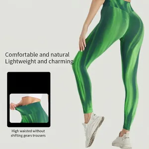 High waist green seamless yoga pants with high elasticity and tummy control for fitness