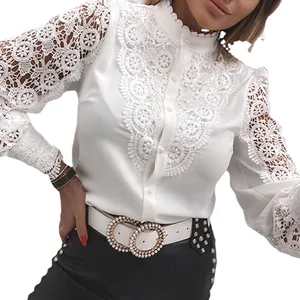 Elegant white lace long sleeve blouse with retro stand collar and floral crochet details