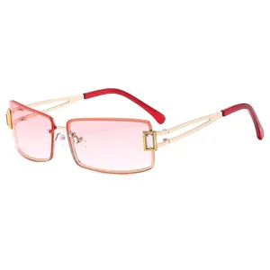 Chic Y2K rimless square sunglasses with pink gradient lenses and gold hollow metal frames