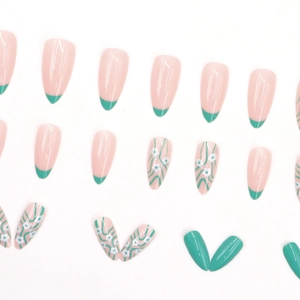 Fresh light green floral almond press-on nails with French tips and wave patterns