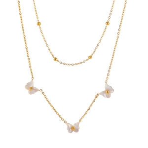 Double-layered gold stainless steel necklace with white butterfly charms and beaded chain
