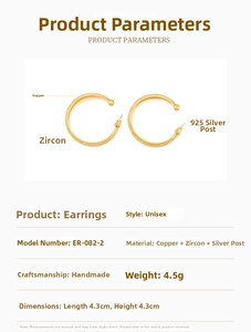 Detailed specs of gold-plated hoop earrings with micro-set zircons and 925 silver posts