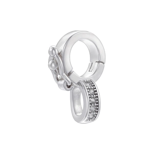 Macro detail of silver-plated 18K gold connector clasp with inlaid cubic zirconia