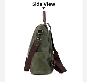 Detailed side view of dark green PU leather backpack with silver D-rings and side pocket