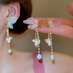 Butterfly Tassel Earrings With Rhinestones Imitation Artificial Pearls 925 Sterling Silver Earring Post Sweet Elegant For Women